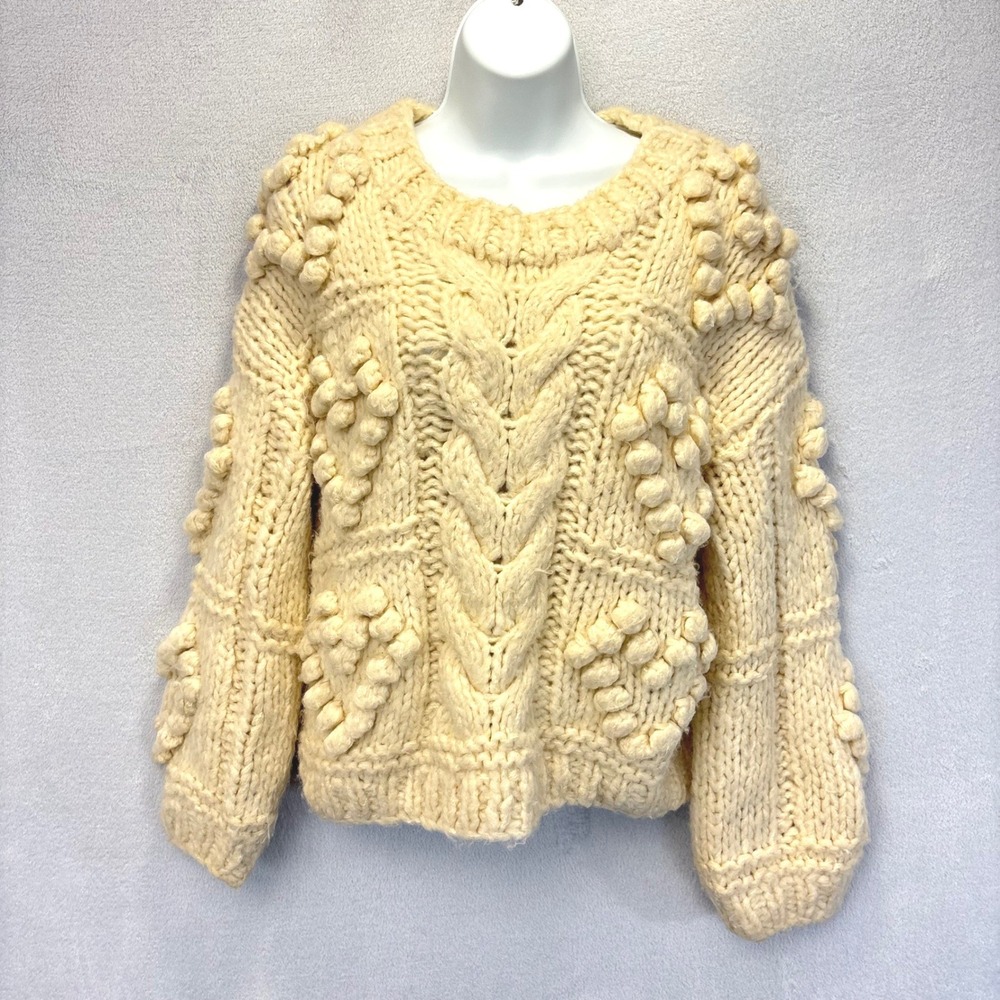 Tolani Elilah Oversized Chunky Cable Knit Sweater Womens Small S Ivory Pom-Pom